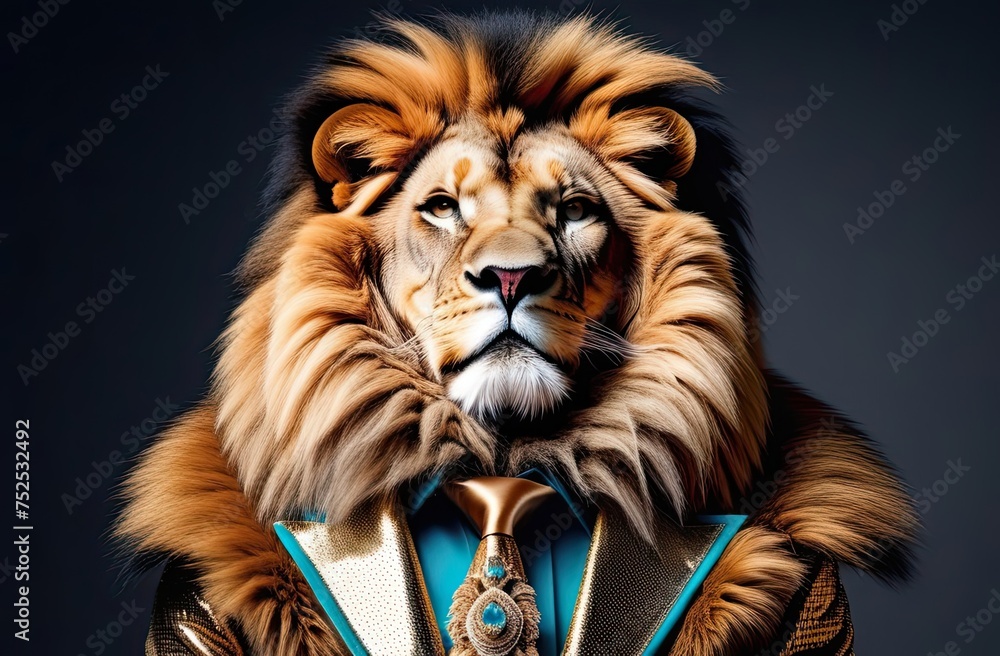 Naklejka premium Stylish portrait of glamour dressed up lion. Creative portrait of domestic animal on bright background.