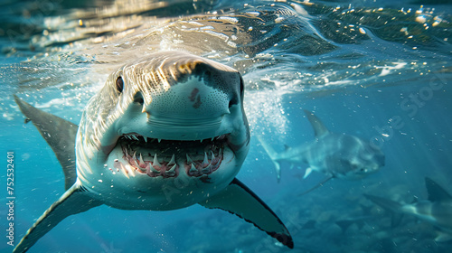 white shark underwater jaws open predator attacks_