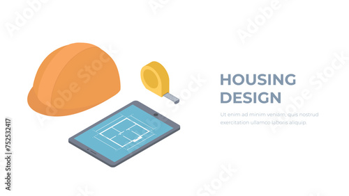 Isometric engineer tools. Tablet, tape measure, helmet vector illustration.