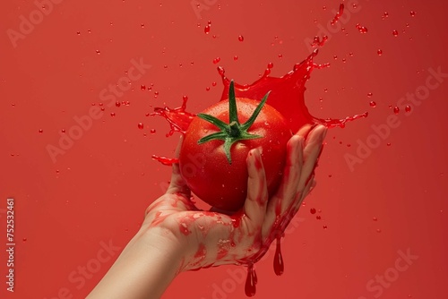 Fresh useful veggies. Female hand squeeze tomato and drops of tomato juice flying up over background. Pop art, surrealism, gravity and taste concept © Manzoor