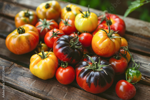 Ripe colorful tomatoes on a rustic wooden table.