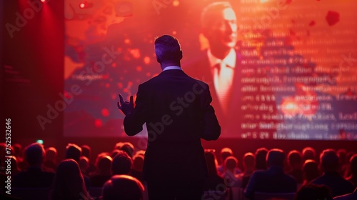 A compelling image capturing the essence of a businessman motivational speaker delivering a powerful speech on success to a diverse audience © artfisss