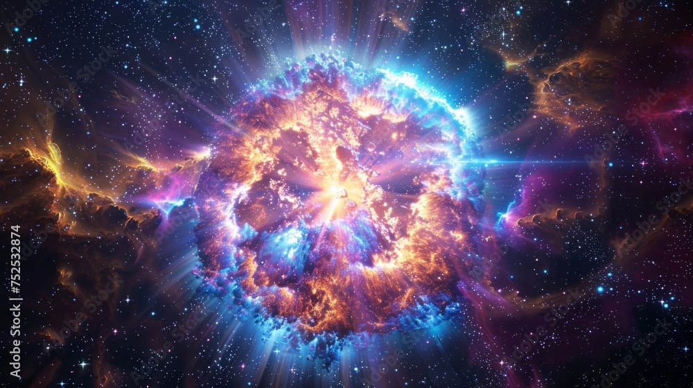 Illustration of a supernova explosion with vivid colors and radiant light beams emanating from the center in a celestial space environment. Illustration of a supernova explosion with vivid colors and radiant light beams emanating from the center in a celestial space environment.