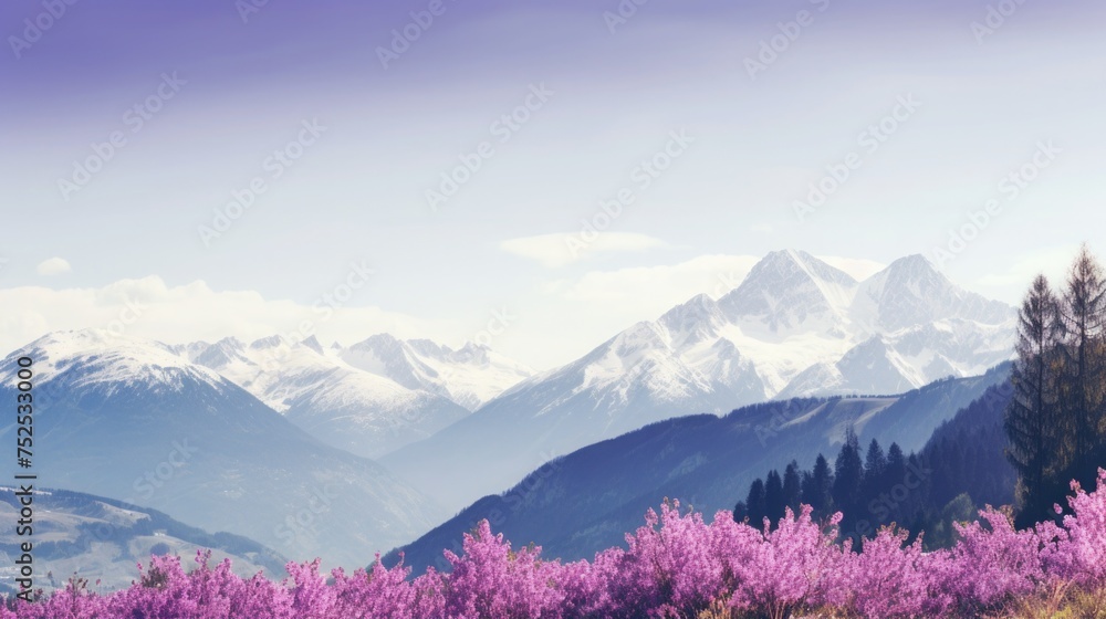 purple background with mountains. blank, frame and place for text. nature, snow and flowers