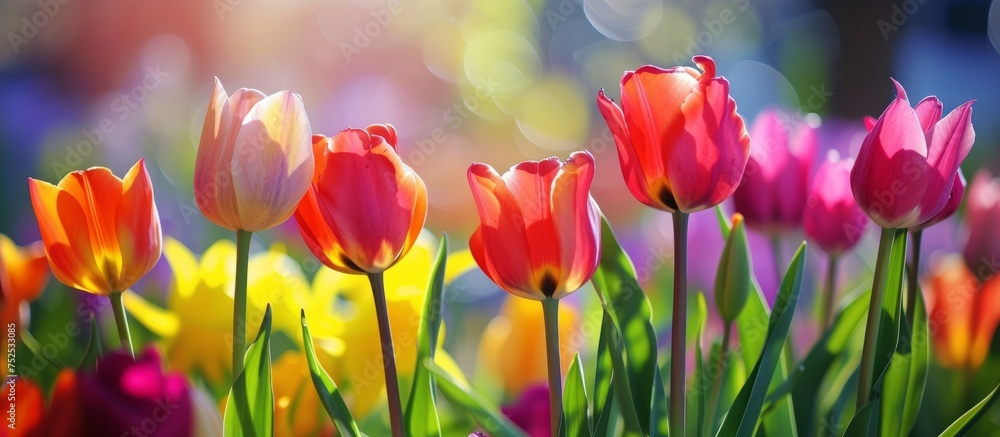 Vibrant and colorful tulips blooming in a garden under the sun