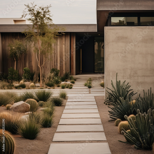 Modern concrete house exterior with cacti and succulents. Nobody inside