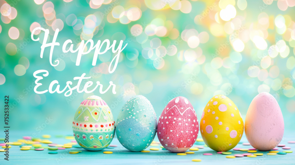 Festive and eye-catching image with decorated Easter eggs lined up over a bokeh light effect and colorful confetti