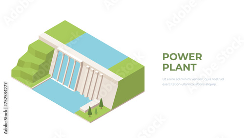 Isometric hydroelectric power station composition with isolated view of derivational unit vector illustration. Water power plant concept. Dam on transparent background.