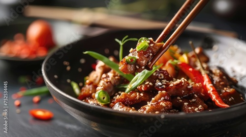 a traditional Asian dish against a dark backdrop, showcasing its vibrant colors and textures.