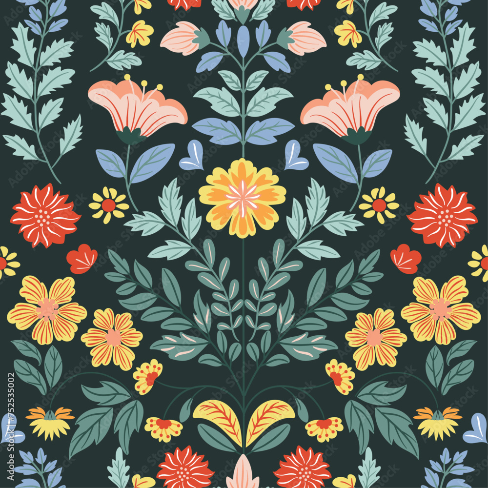 Seamless pattern with folk art design elements. Folk vector illustration with flowers on a dark background. Scandinavian traditional motif
Seamless pattern with folk art design elements. Folk vector illustration with flowers on a dark background. Scandinavian traditional motif
