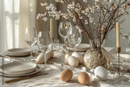 Minimalist Springtime Table Easter Decor featuring branches with small white blooms