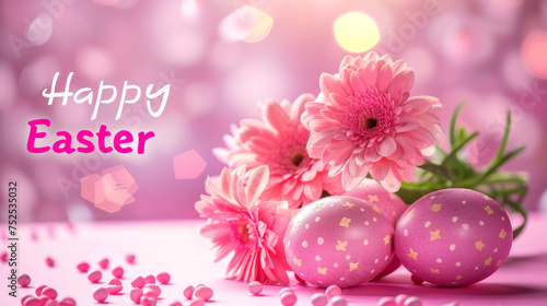 Festive Easter composition with pink gerbera flowers and decorated eggs on a blurred pink background with bokeh