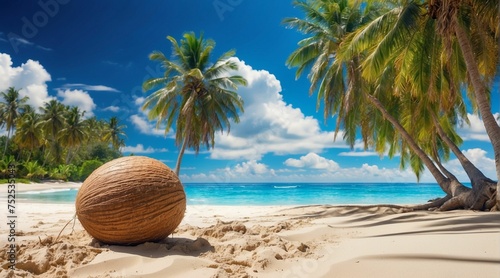 Large coconut on the sandy tropical paradise beach, beautiful blue sky and clear ocean water, palm trees and low clouds. 