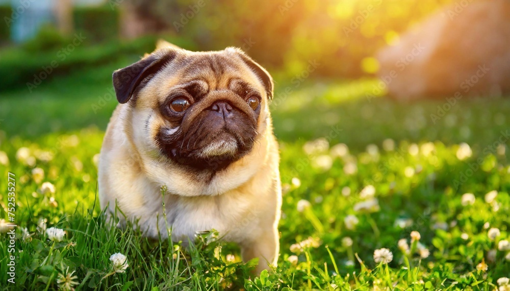 Cute pug dog sitting on green grass and looking at camera