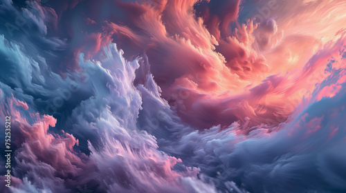 Abstract colorful vortex of peach fuzz and blue clouds swirling in a vast blue sky background wallpaper