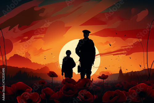 Silhouette of a military soldier with a child standing in a field of poppies. Day of Remembrance © TiA