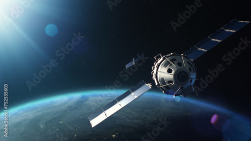 3D VFX graphics of satellite attacking another satellite with laser weapon in space on Earth planet orbit. Nuclear war and armed aggression. Escalation of geopolitical rivalry and arms race in cosmos.