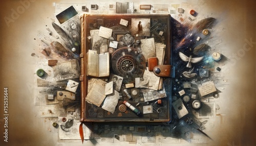 A closed book with untold stories in a mixed media art style