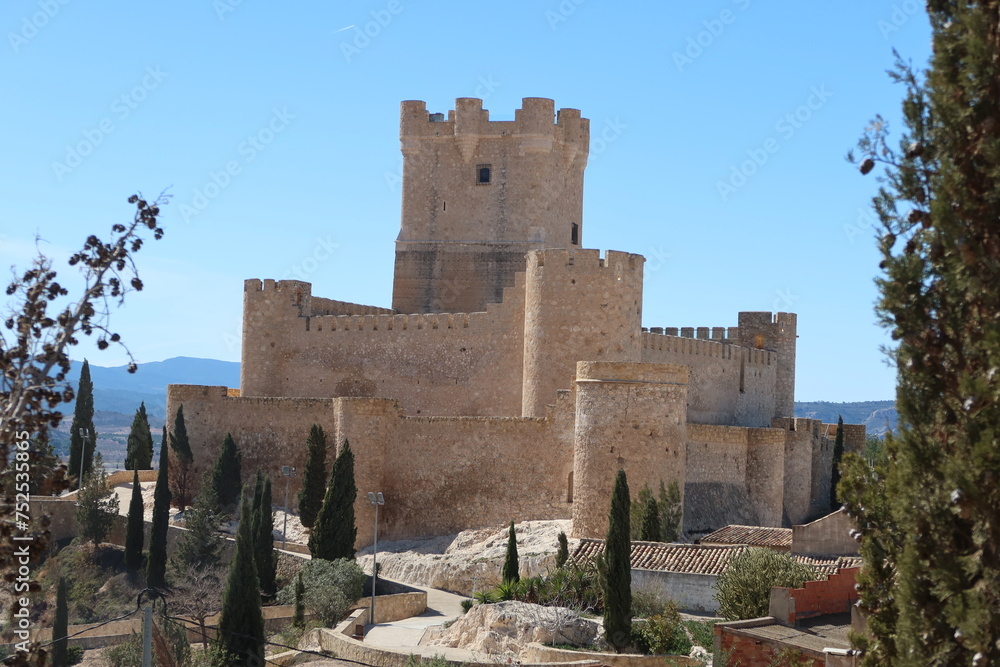 Villena, Alicante, Spain, March 6, 2024: Monumental medieval castle of Arab origin of the Atalaya. Villena, Alicante, Spain