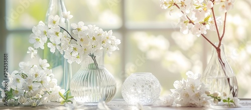Elegant display of delicate white flowers in a beautiful vase on a sunny day
