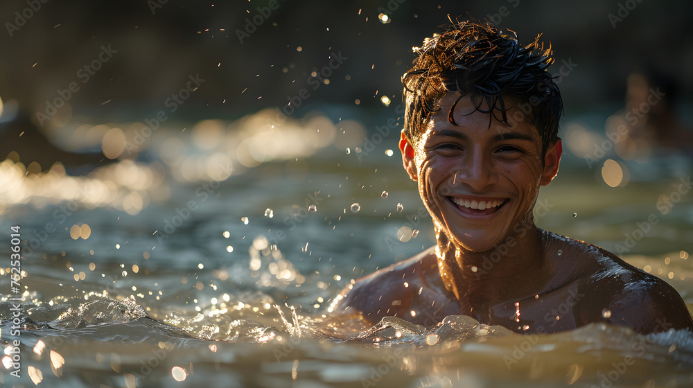 a clothed man is coming up out of the water baptism, smiling. he is in a river. the sun is shining on him. a clothed man is coming up out of the water baptism, smiling. he is in a river. the sun is shining on him.
