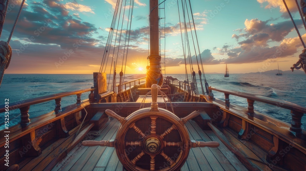 Naklejka premium the ship's wheel of a pirate sailing vessel, gazing upon the expansive deck and vast open sea under the warm glow of a sunny day.