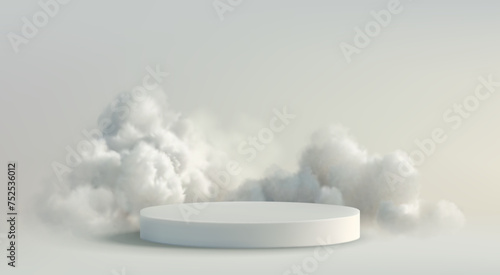 Fluffy Clouds and 3D Realistic Podium Display. White Cloud on Gray Background