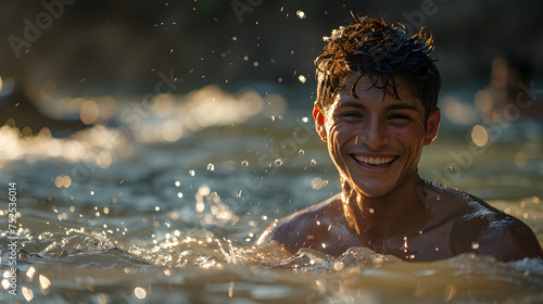 a clothed man is coming up out of the water baptism, smiling. he is in a river. the sun is shining on him.