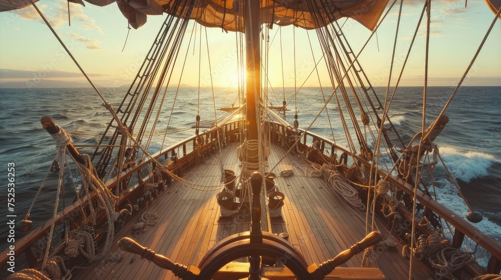 Naklejka premium the ship's wheel of a pirate sailing vessel, gazing upon the expansive deck and vast open sea under the warm glow of a sunny day.