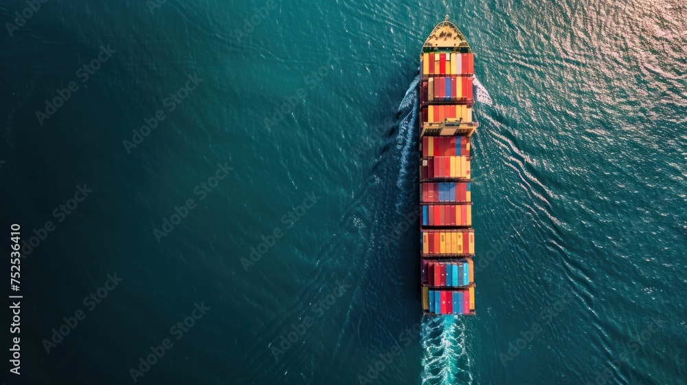 Webinar banner featuring an aerial view of a cargo ship sailing in the ocean, carrying containers for export - obrazy, fototapety, plakaty 