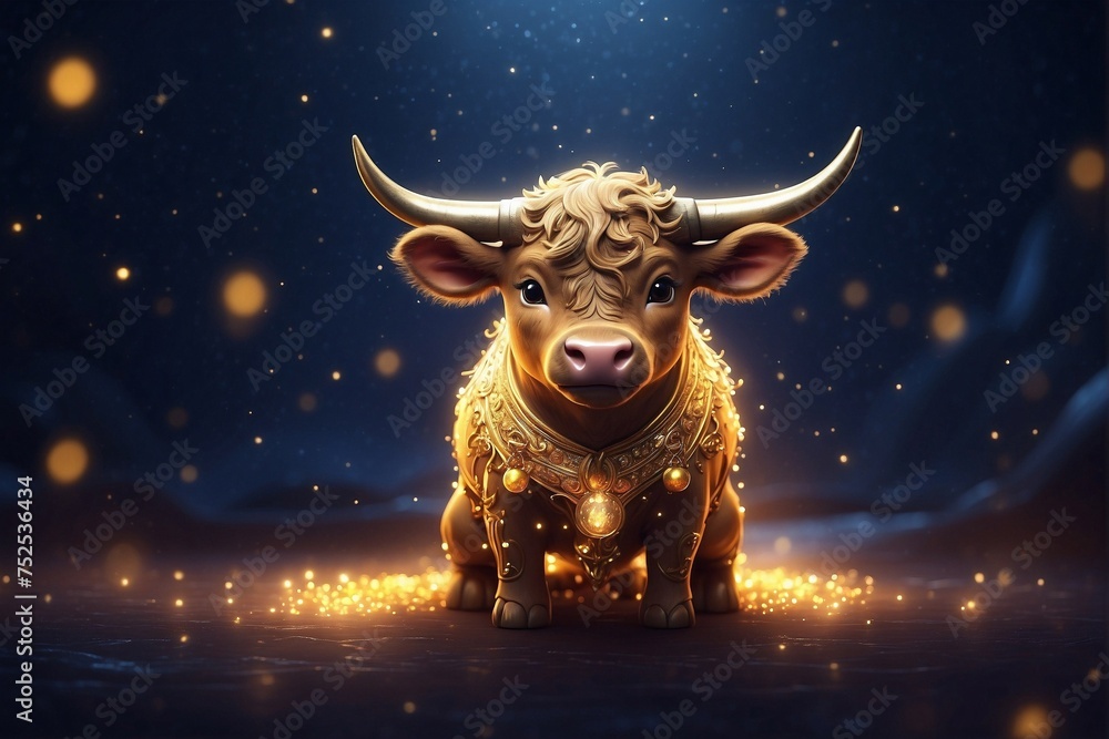 Cute Zodiac Bull in Darkness - obrazy, fototapety, plakaty 