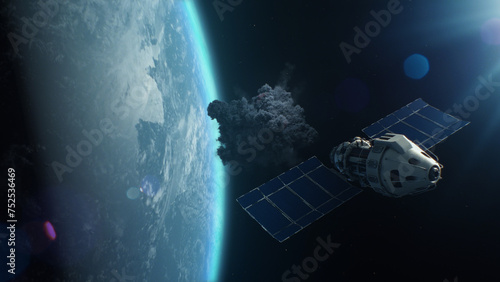 Fototapeta Naklejka Na Ścianę i Meble -  3D VFX rendering of satellite attacking another satellite with laser weapon in space on Earth planet orbit. Escalation of political conflict and arms race in cosmos. Nuclear war and armed aggression.