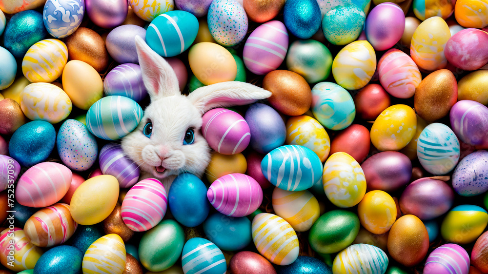 A cute fluffy easter rabbit with an easter eggs. AI Generated. A cute fluffy easter rabbit with an easter eggs. AI Generated.
