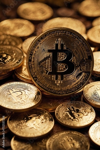 Bitcoin in the center on top of a pile of gold coins.