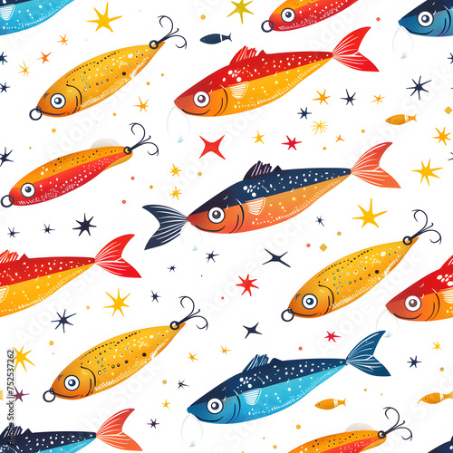 cute vector clipart of colorful fishing lures on a white background, uhd