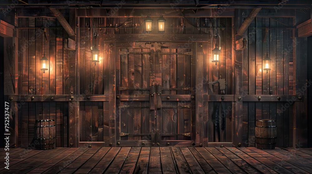 Wild West Saloon Stage: Old West with this rustic stage, featuring swinging doors, weathered wood paneling, and flickering oil lamps, evoking the ambiance of a frontier saloon straight out of a cowboy - obrazy, fototapety, plakaty 