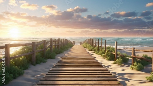 Path of neat wooden planks leading to the ocean beach at sunset