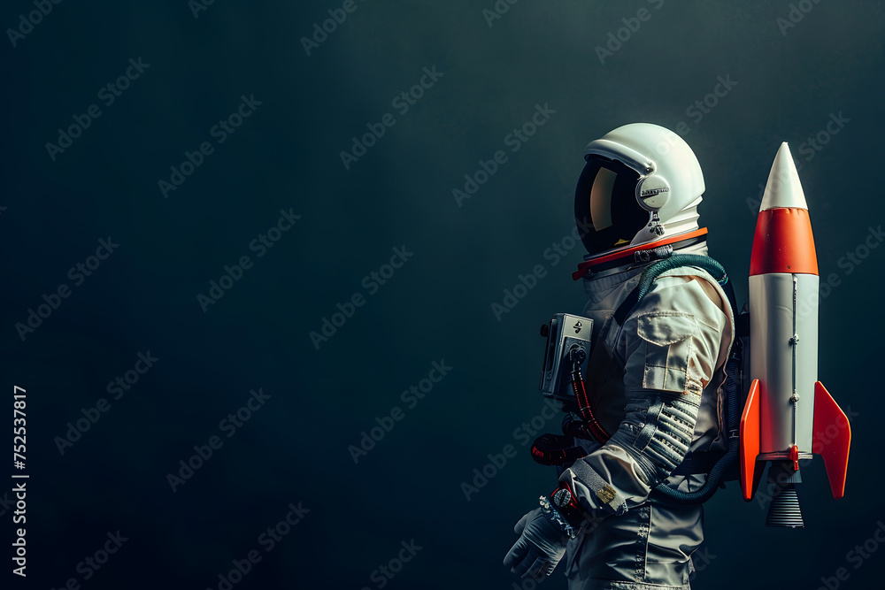 astronaut with a model rocket, isolated on a deep space black background, representing space exploration and adventure