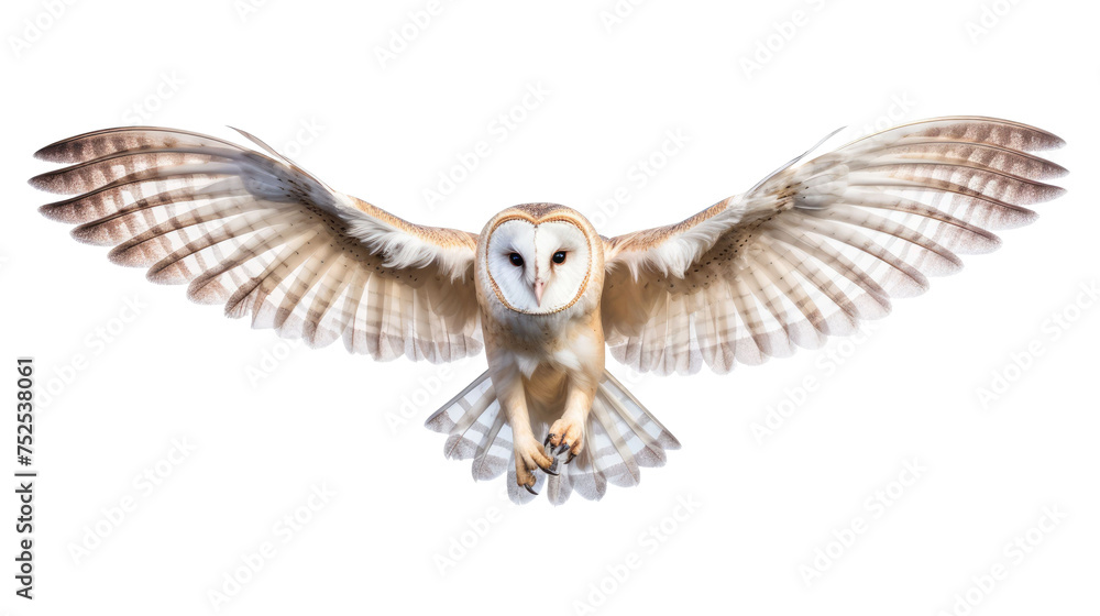 Fototapeta premium Flying Barn Owl isolated on transparent a white background