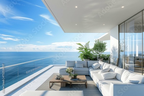 Modern balcony in luxury penthouse with Ocean view.