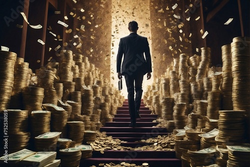 Businessman on a Staircase Made of Money