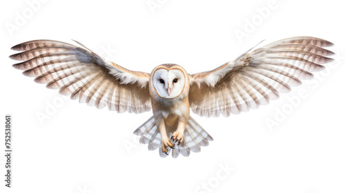 Flying Barn Owl isolated on transparent a white background