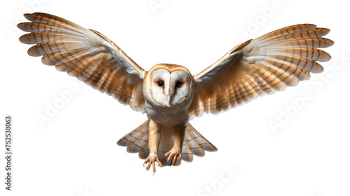 Flying Barn Owl isolated on transparent a white background