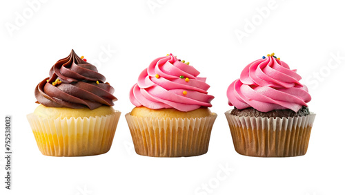 Cupcakes with frosting, chocolate, and strawberry, and sprinkles, on transparent background