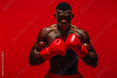 boxer with gloves up, isolated on a fighting spirit red background, symbolizing strength and determination