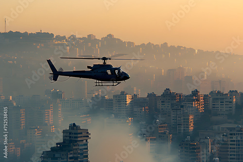 a photo of a helicopter veering as it climbs, flying low above Beirut photo