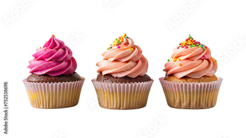 Cupcakes with frosting, vanilla and strawberry, and sprinkles, on transparent background