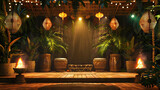 Polynesian Luau Stage: South Pacific with this vibrant stage, featuring palm fronds, tiki torches, and rhythmic drumbeats, evoking the festive ambiance of a Polynesian luau