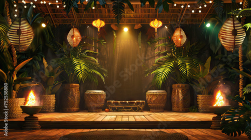 Polynesian Luau Stage: South Pacific with this vibrant stage, featuring palm fronds, tiki torches, and rhythmic drumbeats, evoking the festive ambiance of a Polynesian luau photo