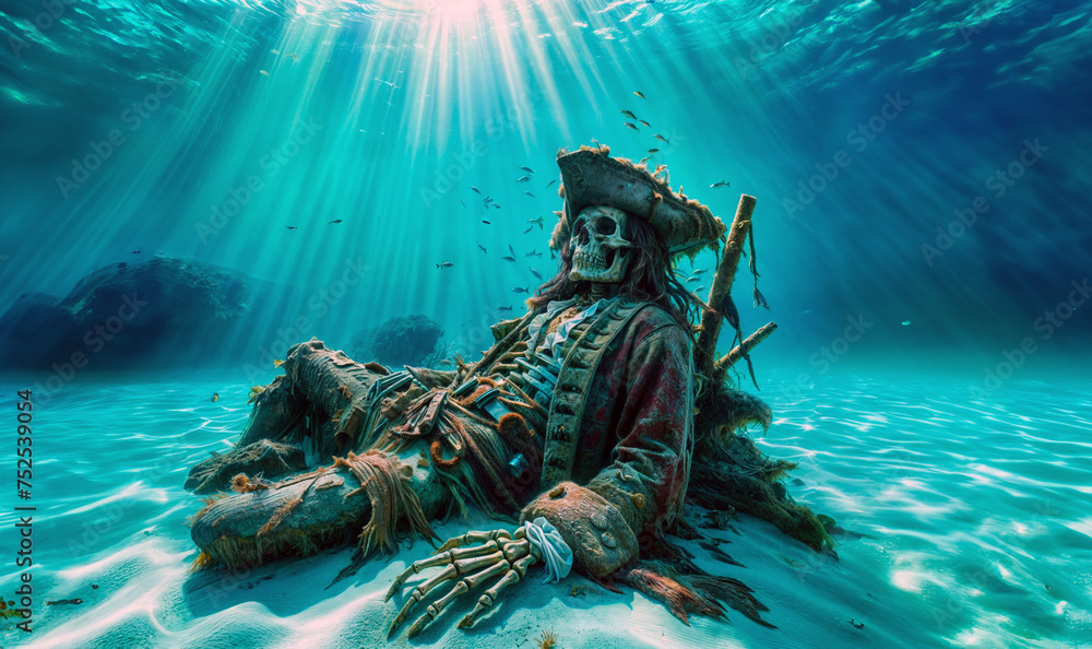 Fototapeta premium Skeleton bones of a dead pirate captain resting at the bottom of the sea with sunrays filtering through the ocean